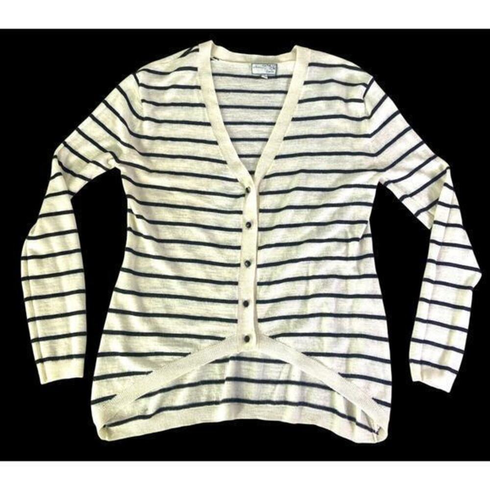 Hanna & Garcia White‎ Black Stripe Lightweight 30% Wool Sweater Gem Button Sz S